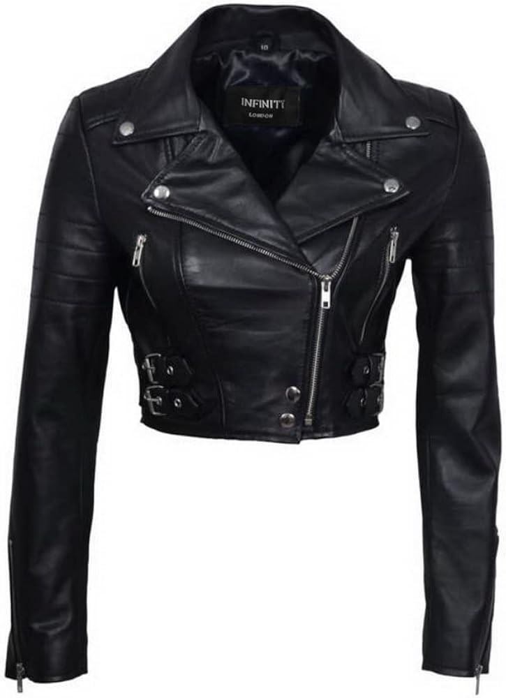 Infinity Women’s Chic Black Cropped Leather Biker Jacket 16 | Amazon (US)