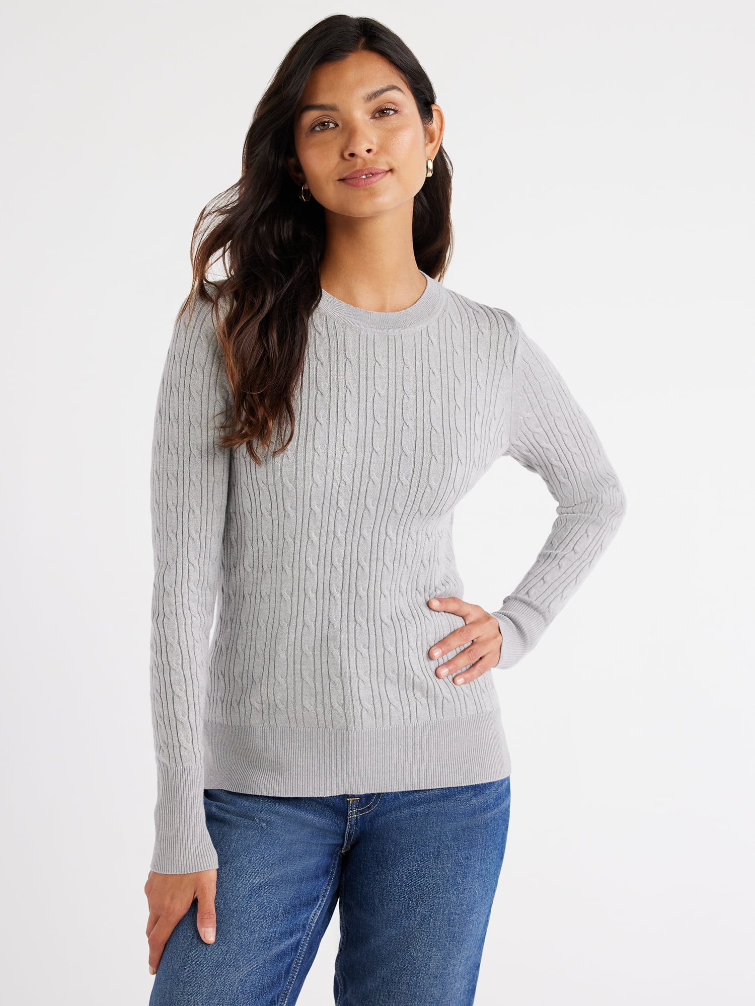 Free Assembly Women’s Cable Knit Crewneck Sweater, Midweight, Sizes XS-XXXL | Walmart (US)