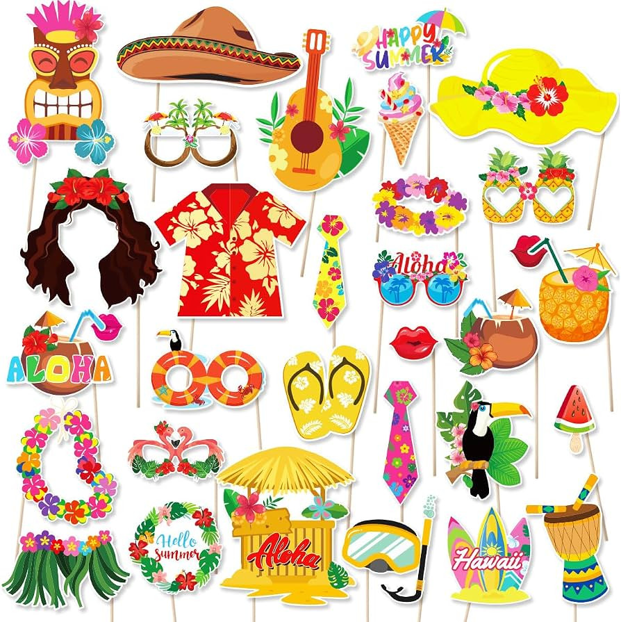36pcs Beach Pool Photo Booth Props,Funny Hawaiian Luau Selfie Props,Summer/Tropical Tiki/Aloha Pa... | Amazon (US)