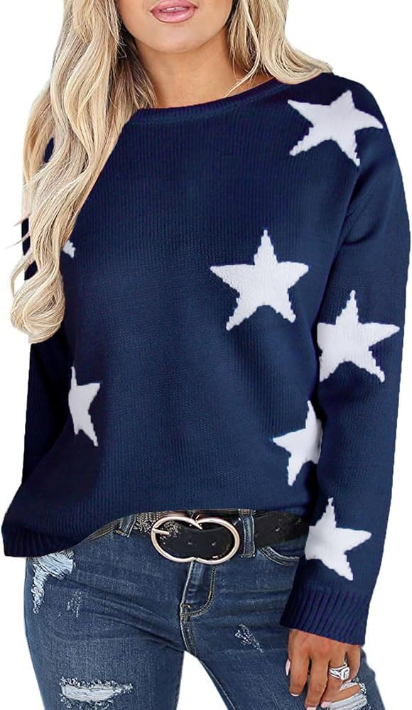 shermie Womens Star Graphic Sweaters Long Sleeve Crew Neck Casual Pullover Sweater | Amazon (US)