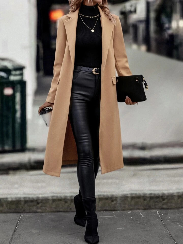 SHEIN Relaxiva Lapel Neck Open Front Overcoat,Ladies Winter Elegant Belted Regular Sleeve Lapel R... | SHEIN