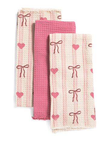 Set Of 3 Bow Hearts And Stripes Kitchen Towels | TJ Maxx