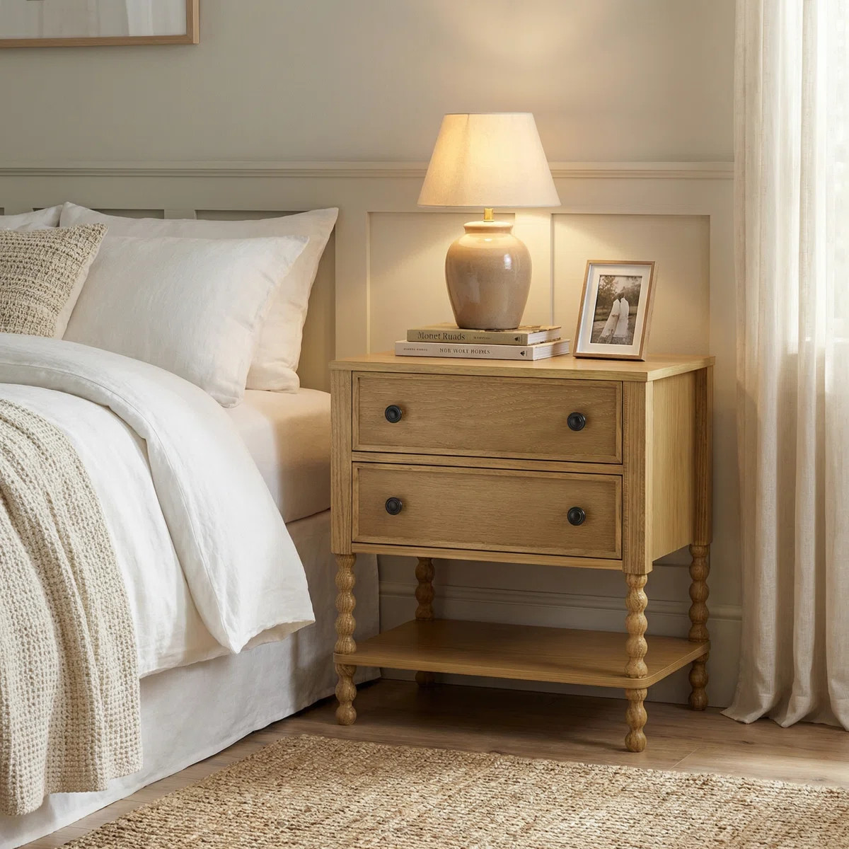 Solid Oak Nightstand with 2 Smooth-Glide Drawers & Open Shelf, 22″ Wide Bedside Table, Quick 15... | Wayfair North America