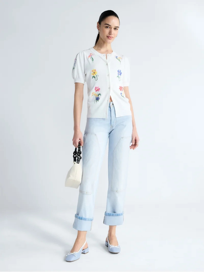 Free Assembly Women's and Women's Plus Embroidered Cardigan Sweater with Puff Sleeves, Lightweigh... | Walmart (US)