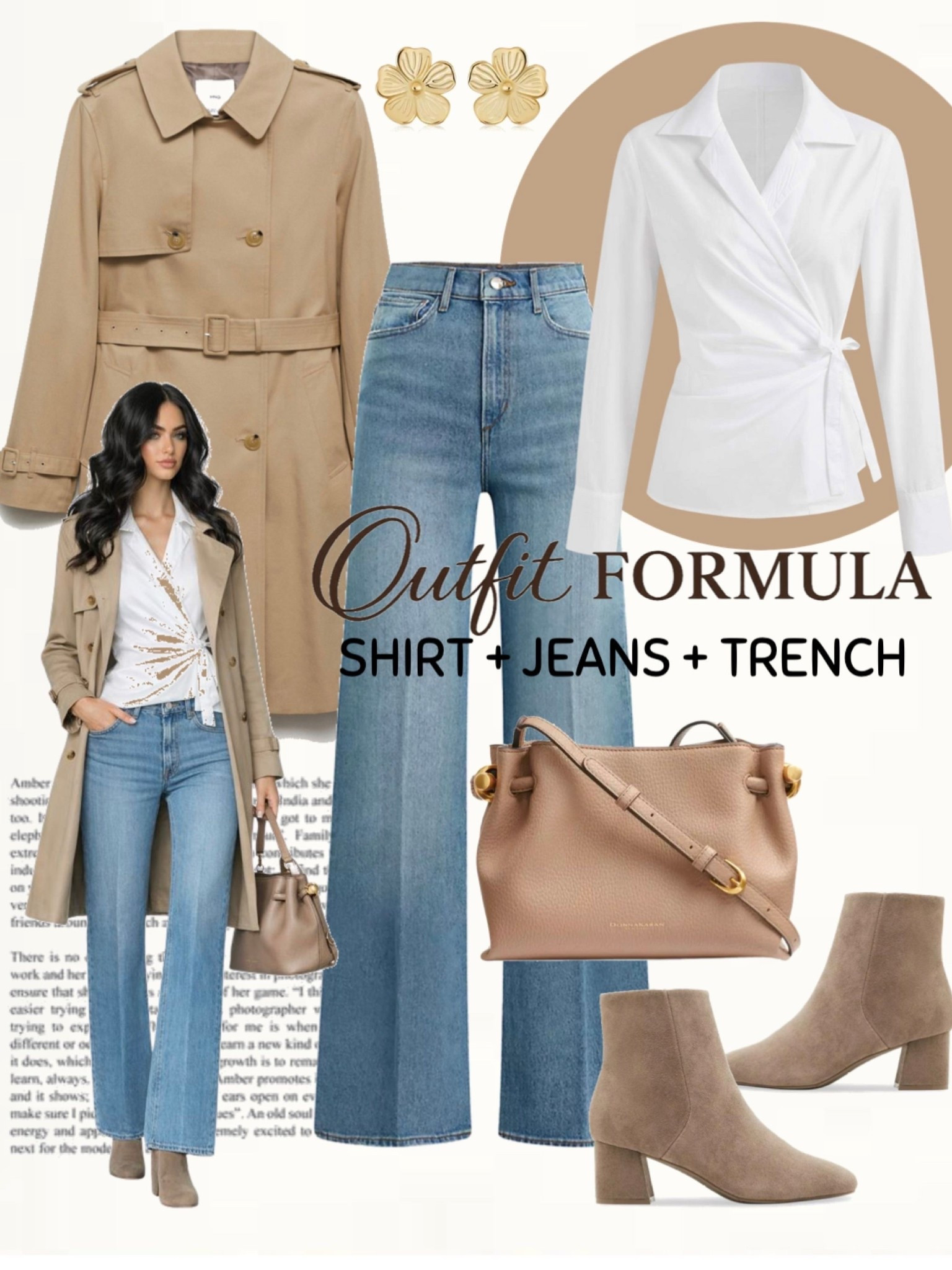 Beige trench coat layered over a white wrap shirt, medium wash straight-leg jeans, taupe suede ankle boots, and a warm beige structured bag.
#springoutfit #neutralstyle #effortlesslook

#LTKootd #LTKOver40 #LTKSeasonal