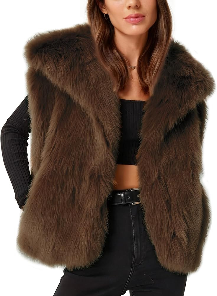 Flygo Womens Faux Fur Vest Fuzzy Lapel Collar Sleeveless Jackets Winter Warm Fluffy Open Front Sh... | Amazon (US)