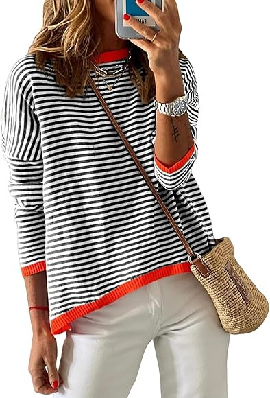 BLANCHES Women's Striped Sweaters 2023 Lightweight Sweaters Long Sleeve Crew Neck Color Block Cas... | Amazon (US)