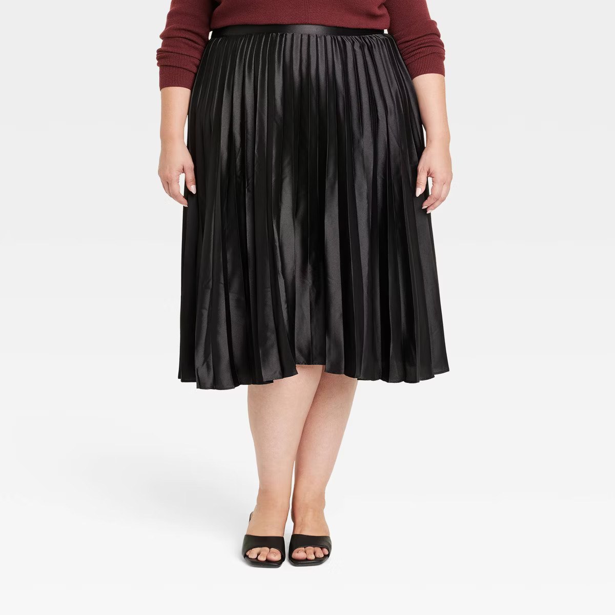 Women's Pleated Satin Midi A-Line Skirt  - Ava & Viv™ Black 2X | Target