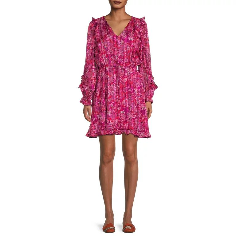 Time and Tru Women's Long Sleeve V-Neck Ruffle Dress | Walmart (US)