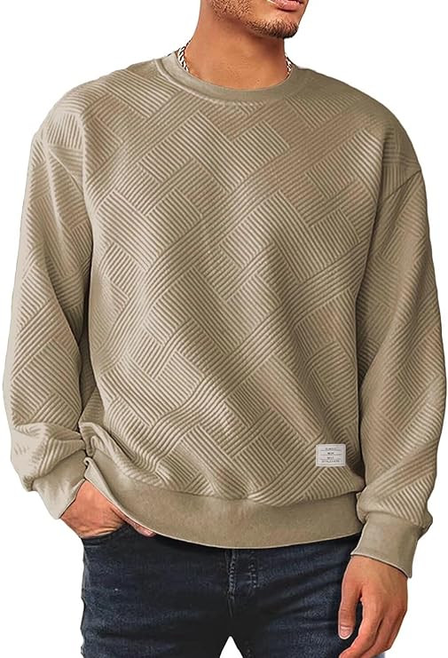 Men's Crewneck Sweatshirts Soild Color Geometric Texture Long Sleeve Casual Pullover Shirt | Amazon (US)