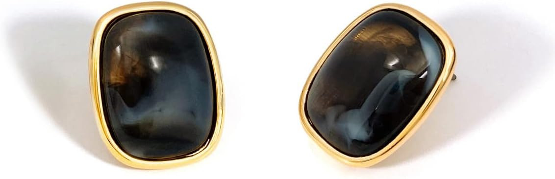 M.DUN- Round Edges Rectangle Shape Studs Earring. Abalone Amber Turquoise Resin Stone Design, 18k... | Amazon (US)