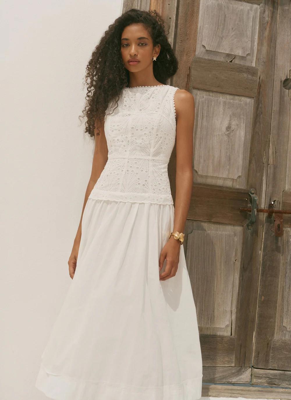 White Cotton Broderie Midi Dress | Mint Velvet