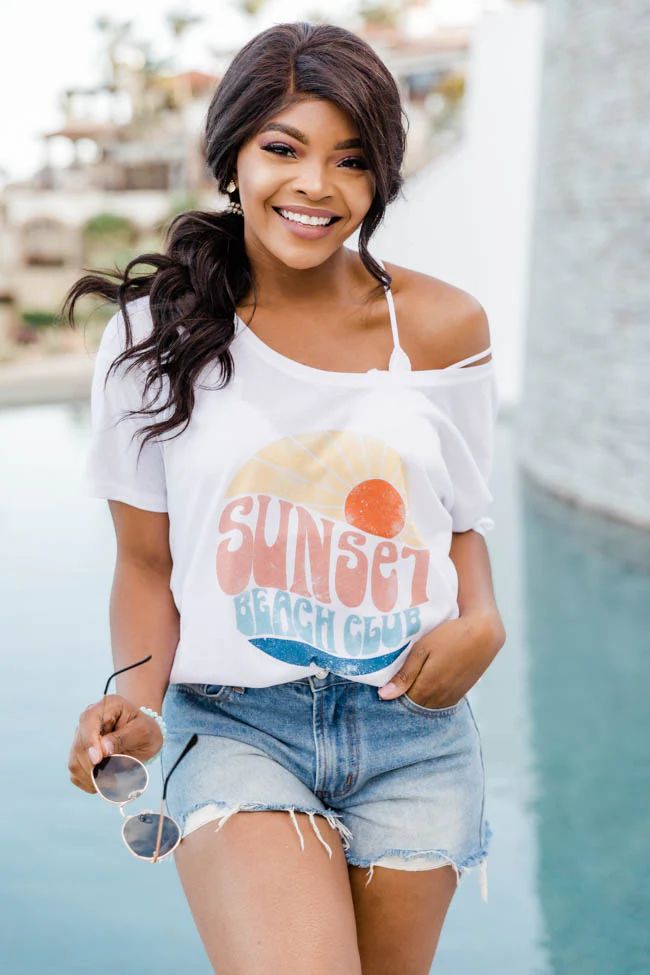 Sunset Beach Club White Slouchy Graphic Tee | The Pink Lily Boutique