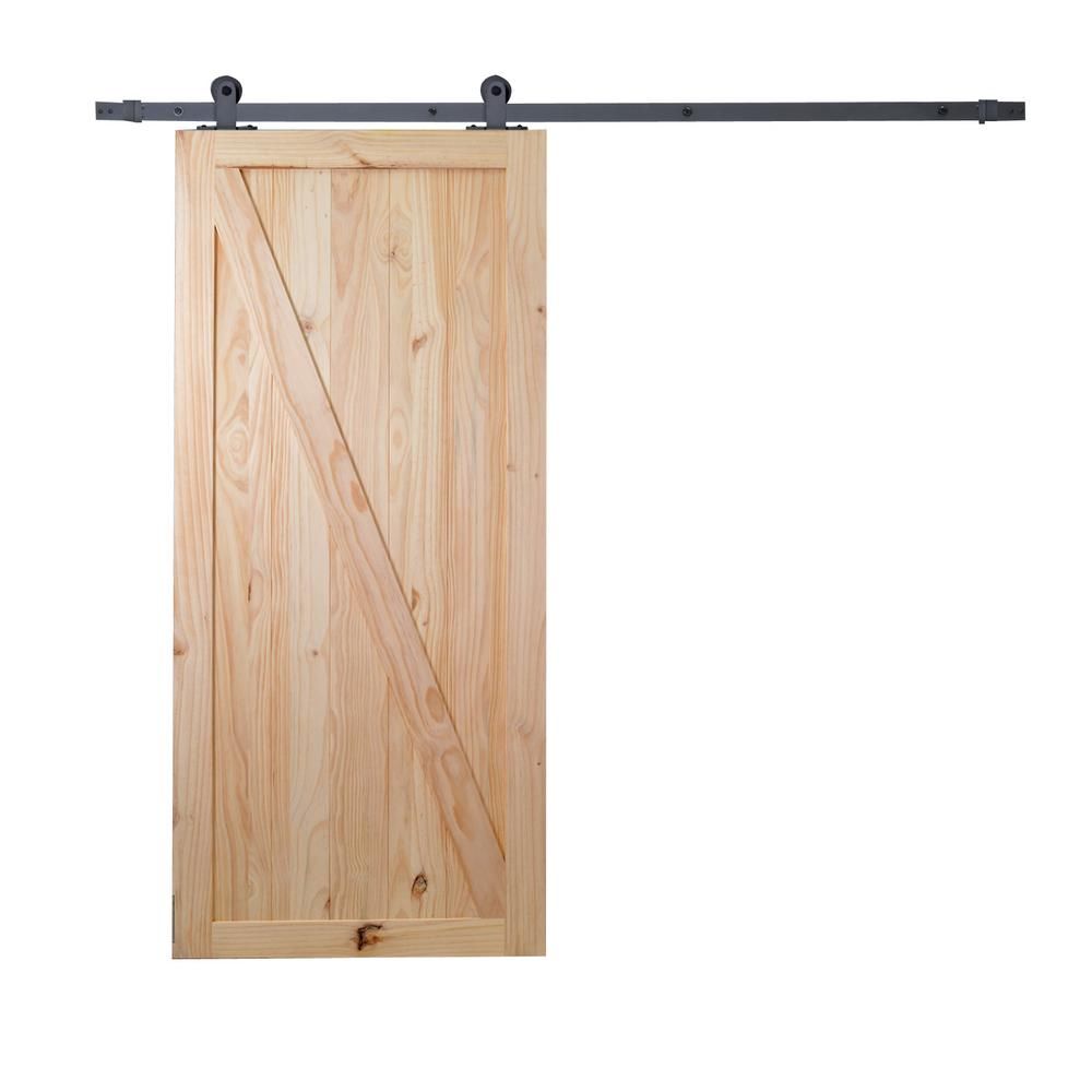 CALHOME 36 in. x 84 in. Z Bar Unfinished Natural Wood Sliding Barn Door and 6 ft. Dark Top Mount Sli | The Home Depot