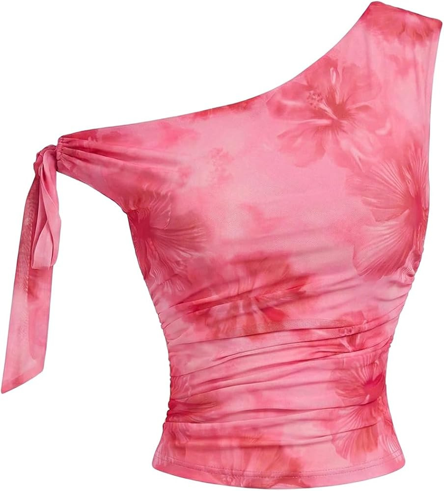 WDIRARA Women's Floral Mesh One Shoulder Crop Top Tie Dye Asymmetrical Sleeveless Tops | Amazon (US)