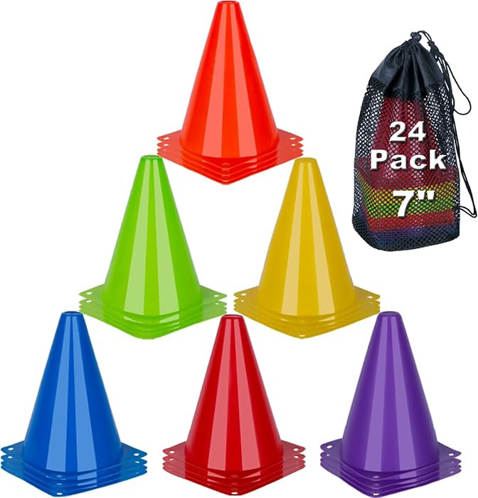 7 Inch Soccer Cones, 24 Pack Cones Sports Training Agility Field Marker Plastic Cones for Skating... | Amazon (US)