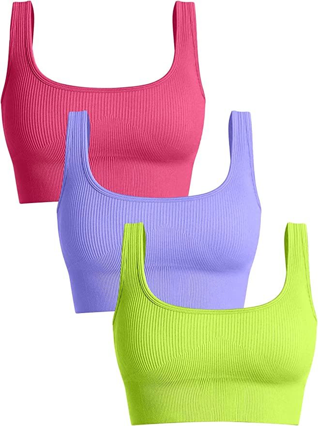 OQQ Women's 3 Piece Medium Support Tank Top Ribbed Seamless Removable Cups Workout Exercise Sport... | Amazon (US)