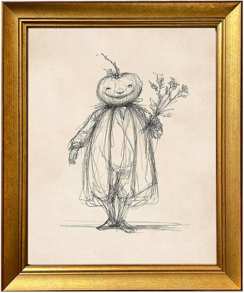 Vintage Halloween Decor Gold Framed Jack O Lantern Sketch Print Painting Spooky Pumpkin Canvas Wa... | Amazon (US)