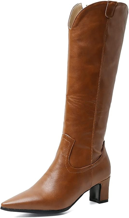 VULTRO Womens Chunky Heel Knee High Boots Pointed Toe Side Zipper Comfort Wide Calf Riding Boots ... | Amazon (US)