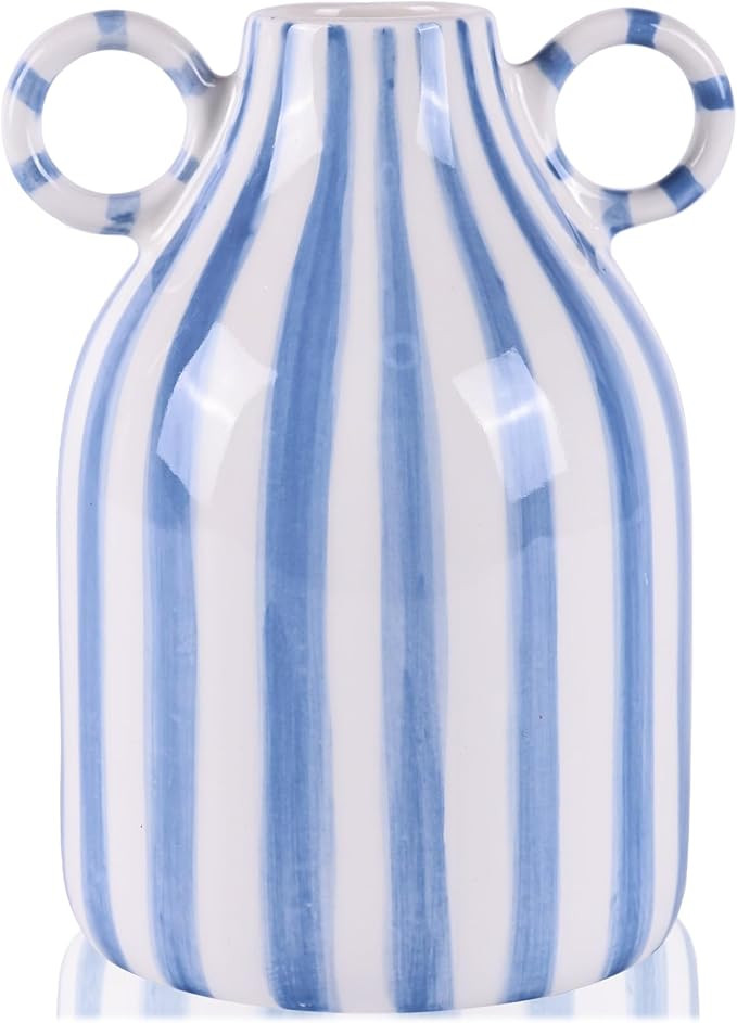 Blue and White Ceramic Vase with Handle, Nordic Boho Small Vases Side Table Flower Centerpiece, W... | Amazon (US)