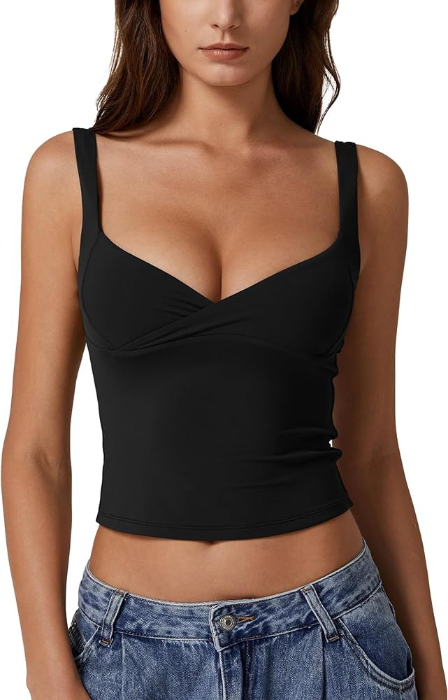 QINSEN Women's V Neck Tank Tops Double Lined Adjustable Strap Camisole Shirt | Amazon (US)
