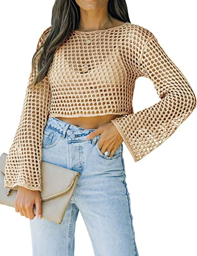Womens Fishnet Crochet Crop Top Sexy Long Sleeve See Through Hollow Out Mesh Bikini Cover Ups | Amazon (US)