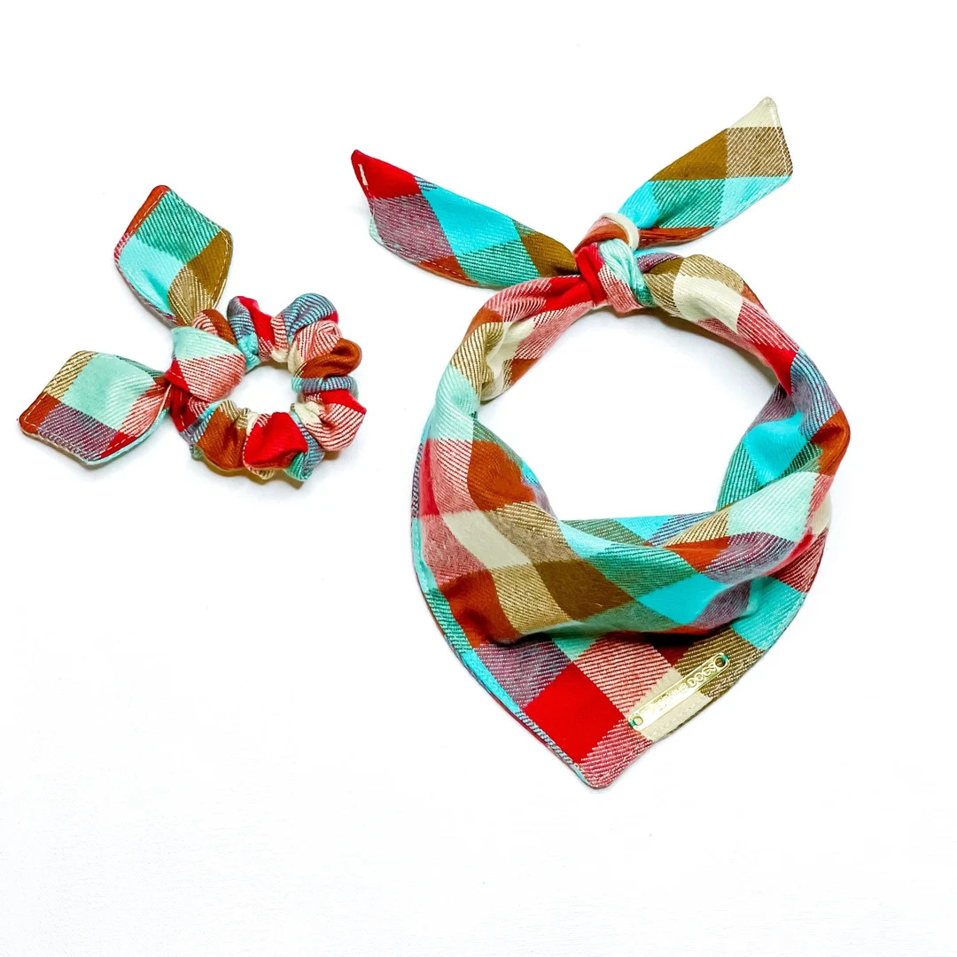 Flannel Plaid Dog Bandana // Tartan, Plaid, Buffalo //Turquoise, Tan, Brick Red // Fall, Winter /... | Etsy (US)