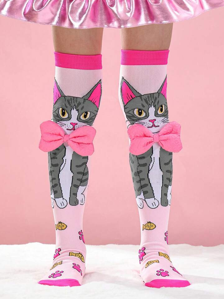 1 Pair Girls Over-The-Knee Socks With Gray Cat, Yellow Fish, Paw Print Pattern, Cute Pink Bow Des... | SHEIN