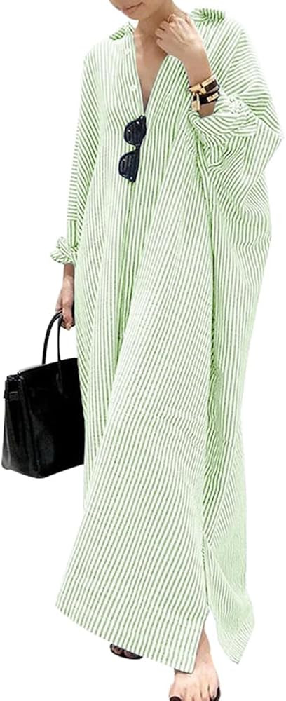 chouyatou Women's Casual Long Sleeve Button Down Loose Striped Cotton Maxi Shirt Dress | Amazon (US)