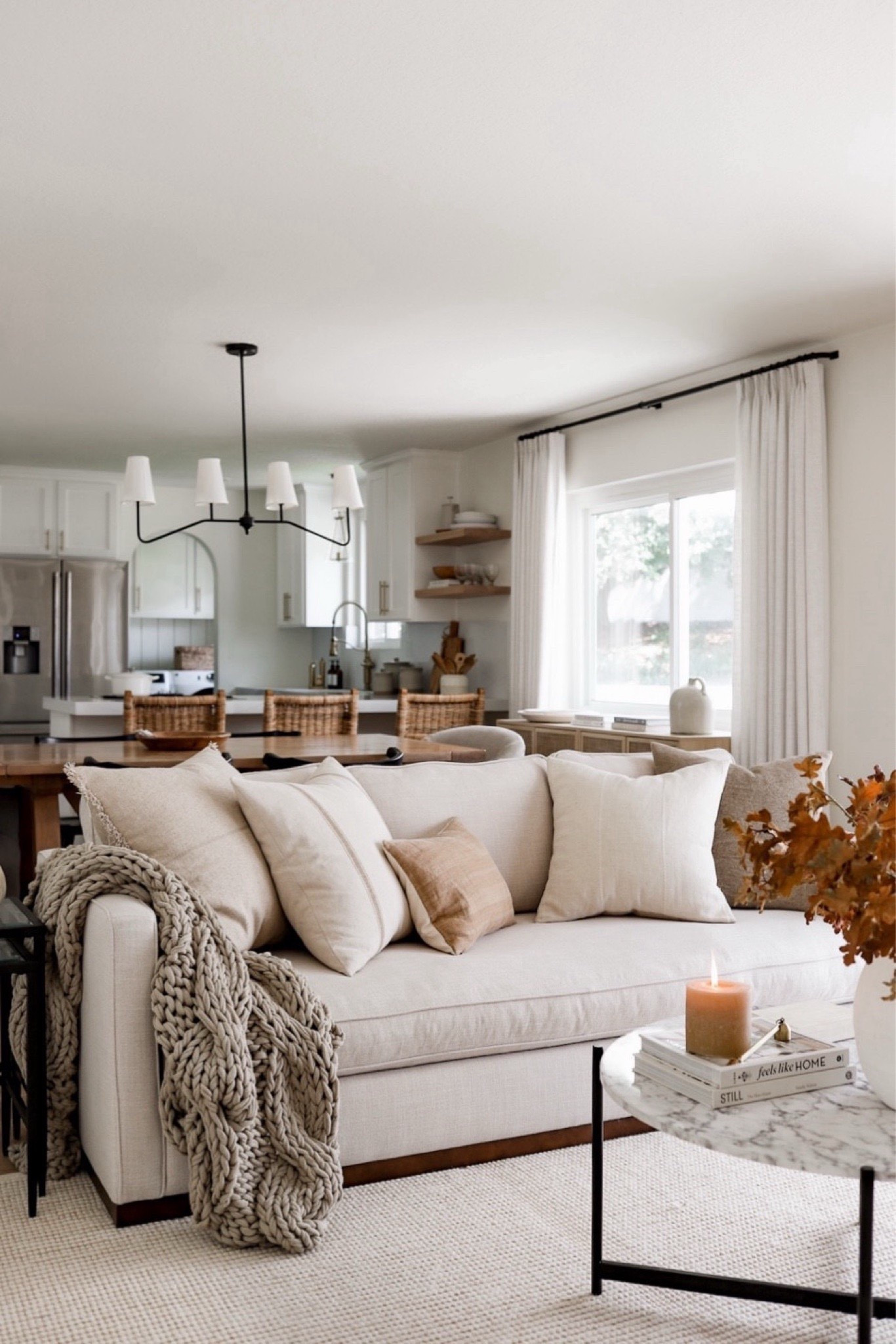 Shop our fall family room, including this gorgeous leather chair and upholstered sofa! Sofa color is the light version of ‘Effie Linen Performance Fabric’.