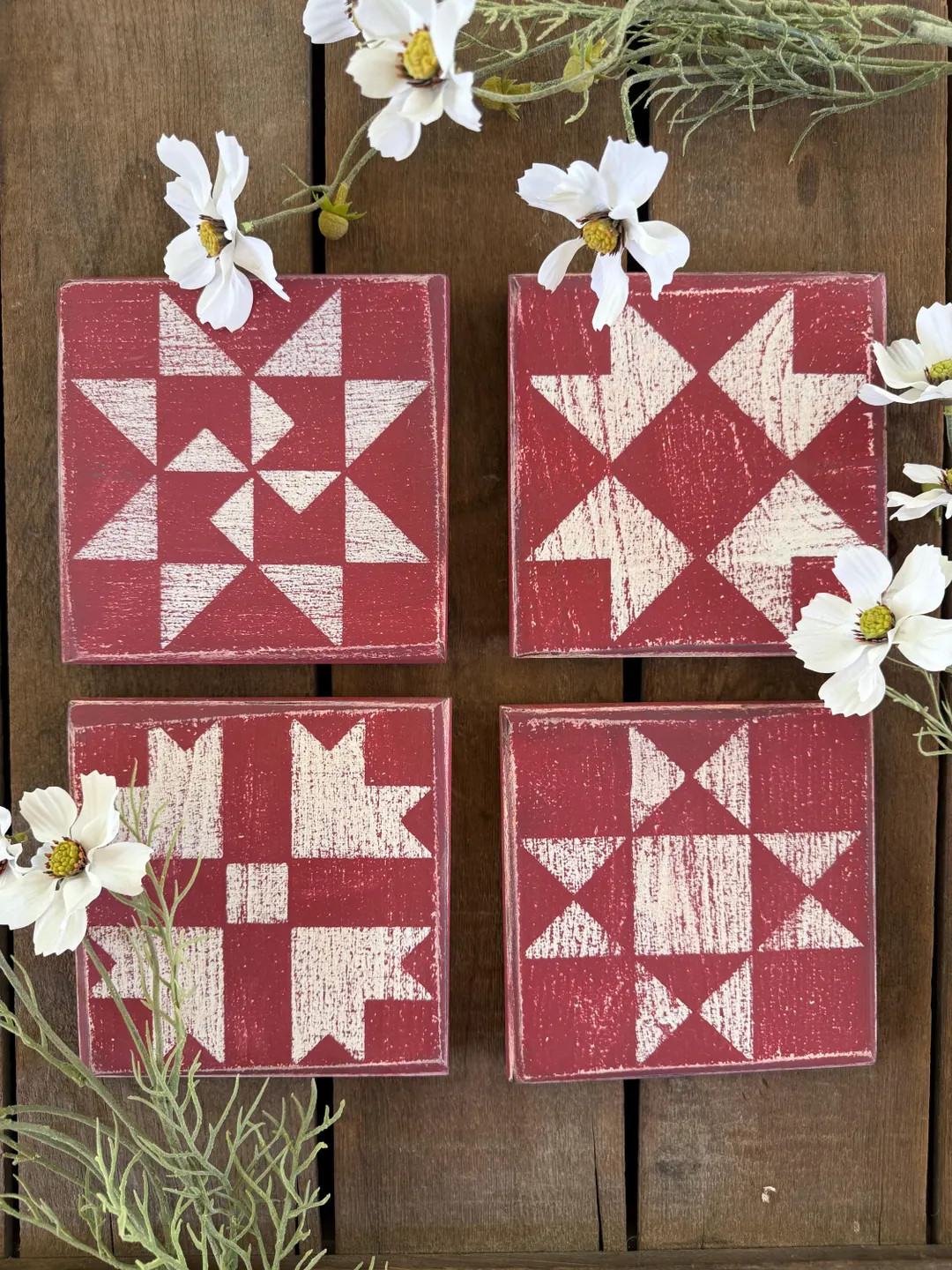 Made-to-order Barn Quilt Block: 6" X 6", Red With White Stencil, Individual, Rustic Shelf Sitter,... | Etsy (Global)
