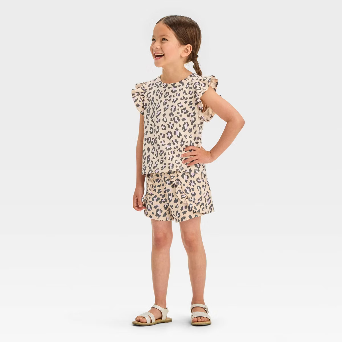 Grayson Mini Toddler Girls' Flutter Sleeve Leopard Printed & French Terry Shorts Set - Beige | Target