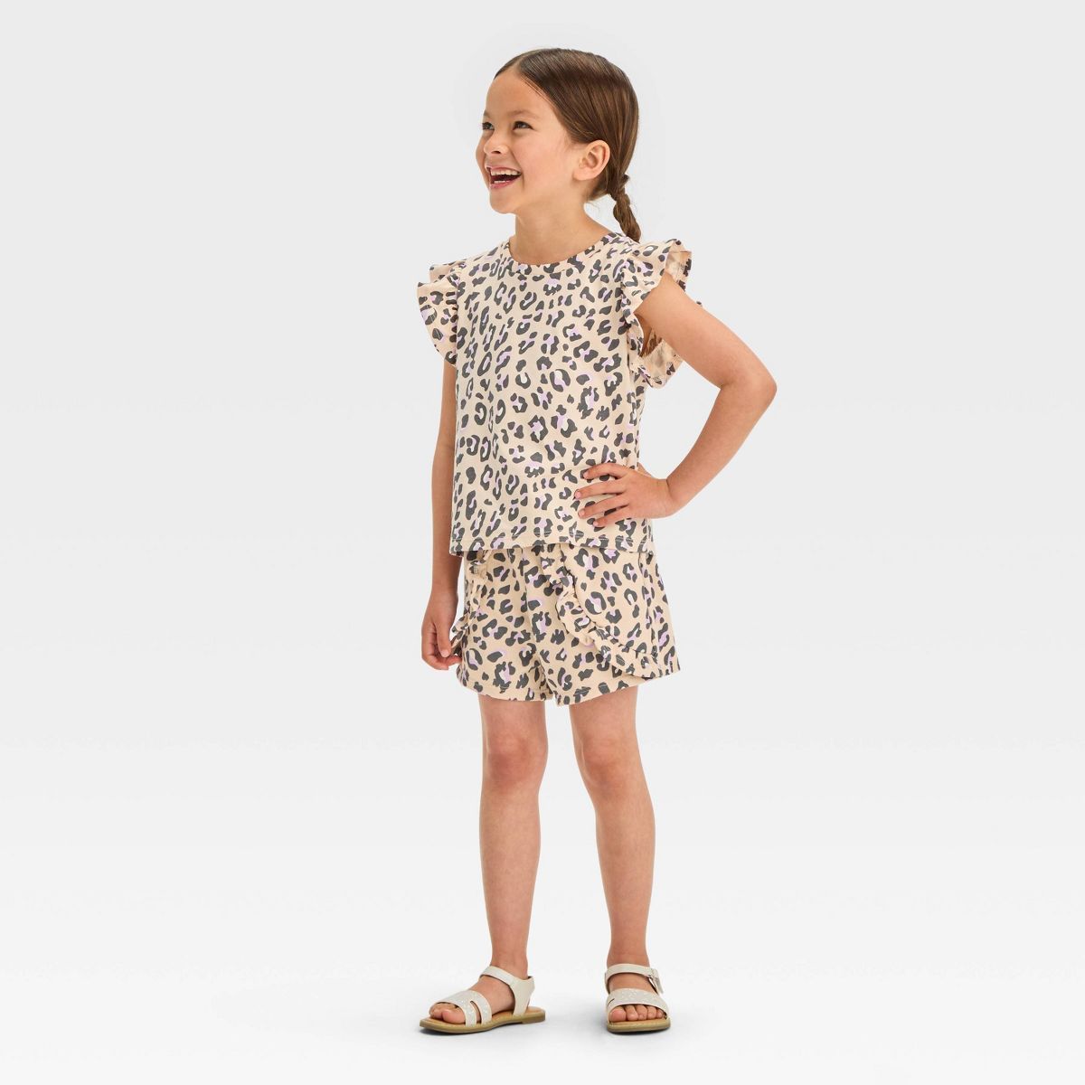 Grayson Mini Toddler Girls' Flutter Sleeve Leopard Printed & French Terry Shorts Set - Beige 18M | Target