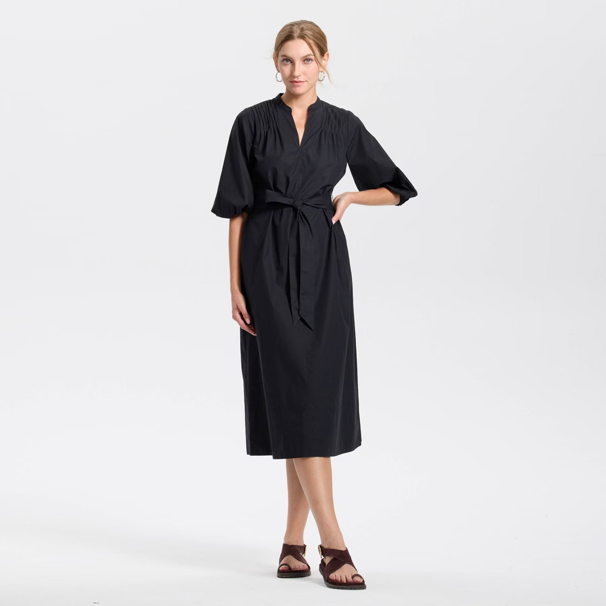 Women's Puff Elbow Sleeve Midi Shirtdress - Universal Thread™ Black XL | Target