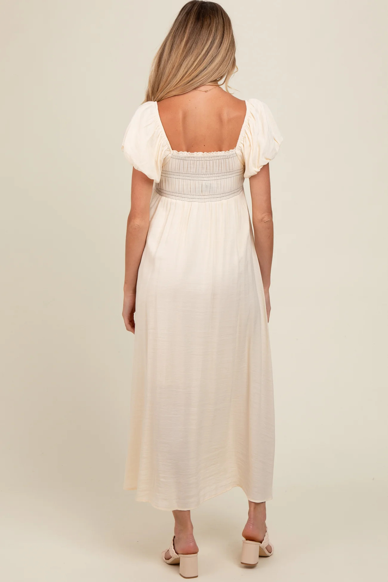Cream Smocked Puff Sleeve Maternity Maxi Dress | PinkBlush Maternity