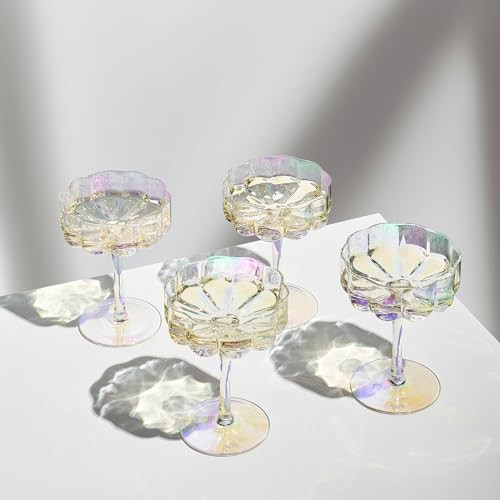 Khen Flower Vintage Wavy Glass Coupes Martini, Champagne & Cocktail Coupes - Set of 4-7oz Colorful Cocktail Glasses & Champagne, Prosecco, Mimosa Glassware Copyright Design - Iridescent | Amazon (US)