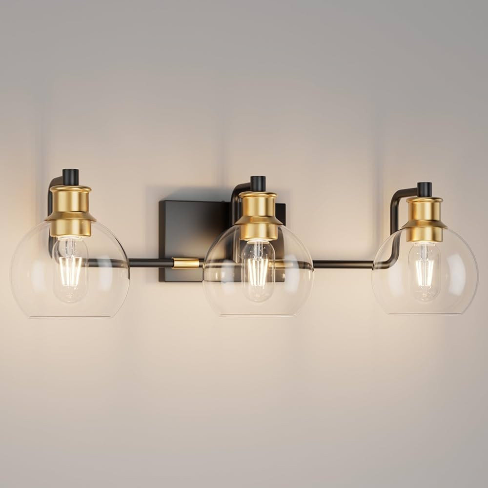 Tipace Black & Gold Vintage Bathroom Vanity Light Fixtures Over Mirror Glass Globe 3 Lights Indus... | Amazon (US)
