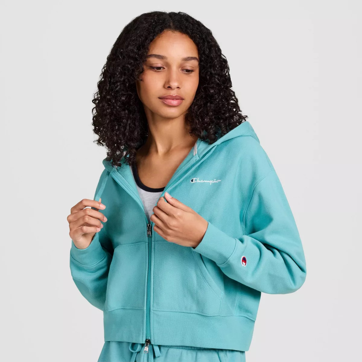 Champion Women's Cropped Fleece Zip-Up Sweatshirt - Teal Blue XL | Target