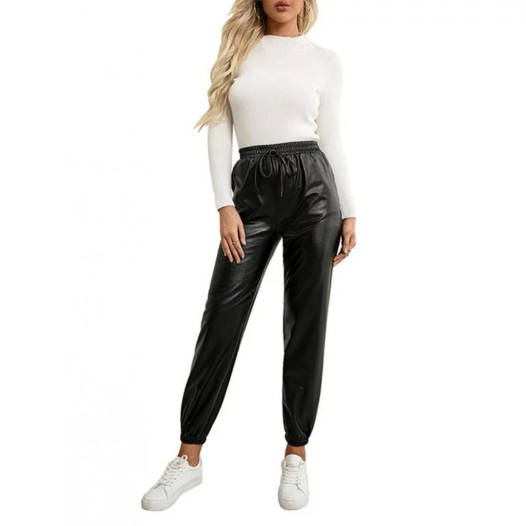 Sunisery Women PU Leather Pants Solid Color Elastic Waist Drawstrings Joggers Trousers Casual Par... | Walmart (US)