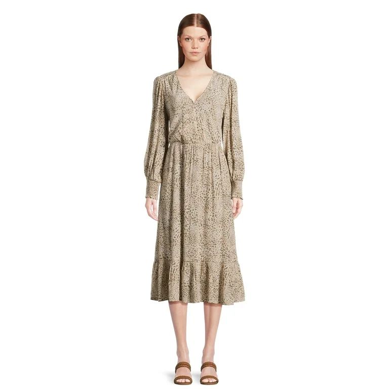 Time and Tru Women’s Faux Wrap Midi Dress, Sizes XS-XXXL | Walmart (US)