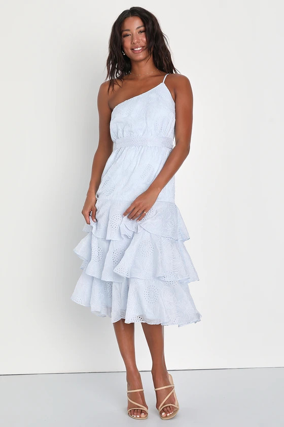 Gorgeous Impression Blue Embroidered One-Shoulder Midi Dress | Lulus