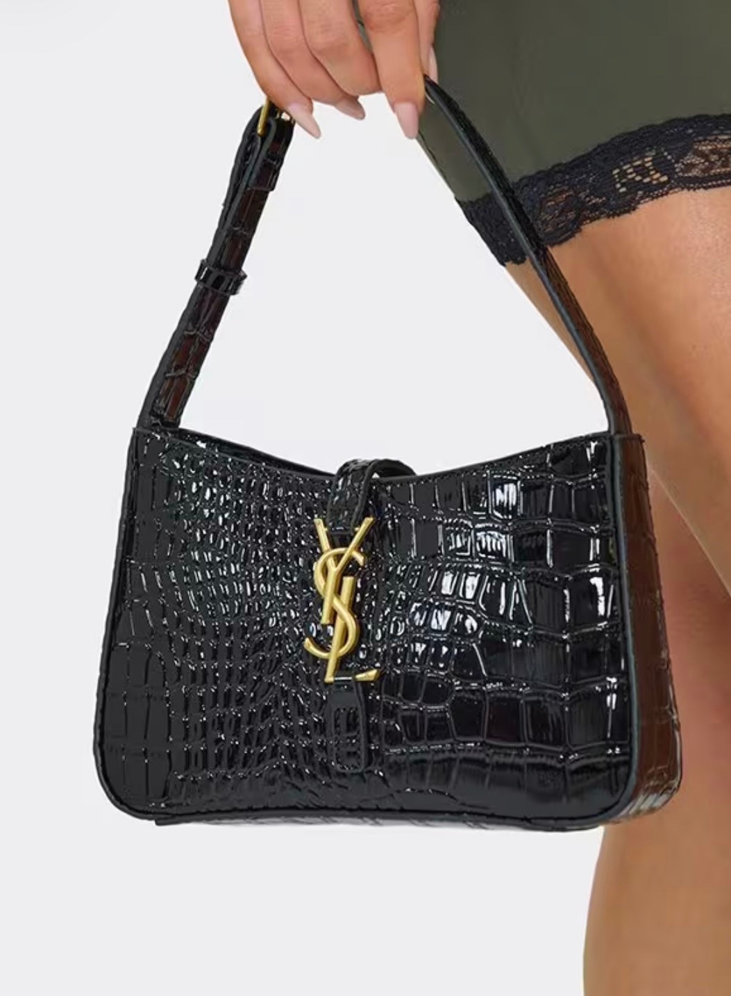 Moana Logo Detail Rectangle Shaped Shoulder Bag In Black Croc Print Patent