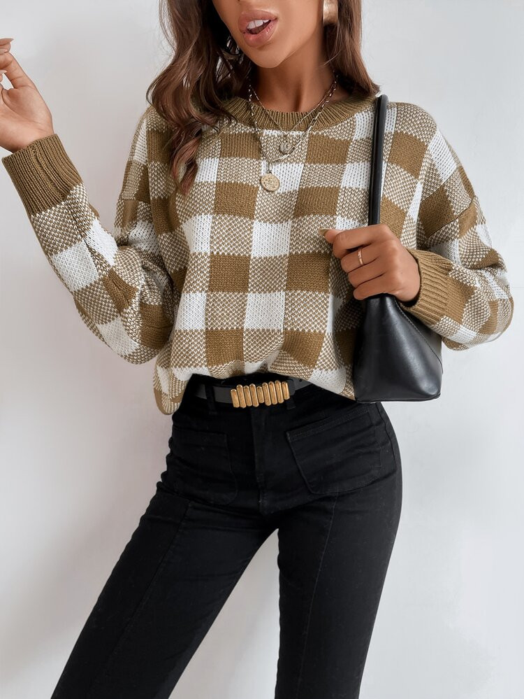 Gingham Pattern Drop Shoulder Sweater | SHEIN