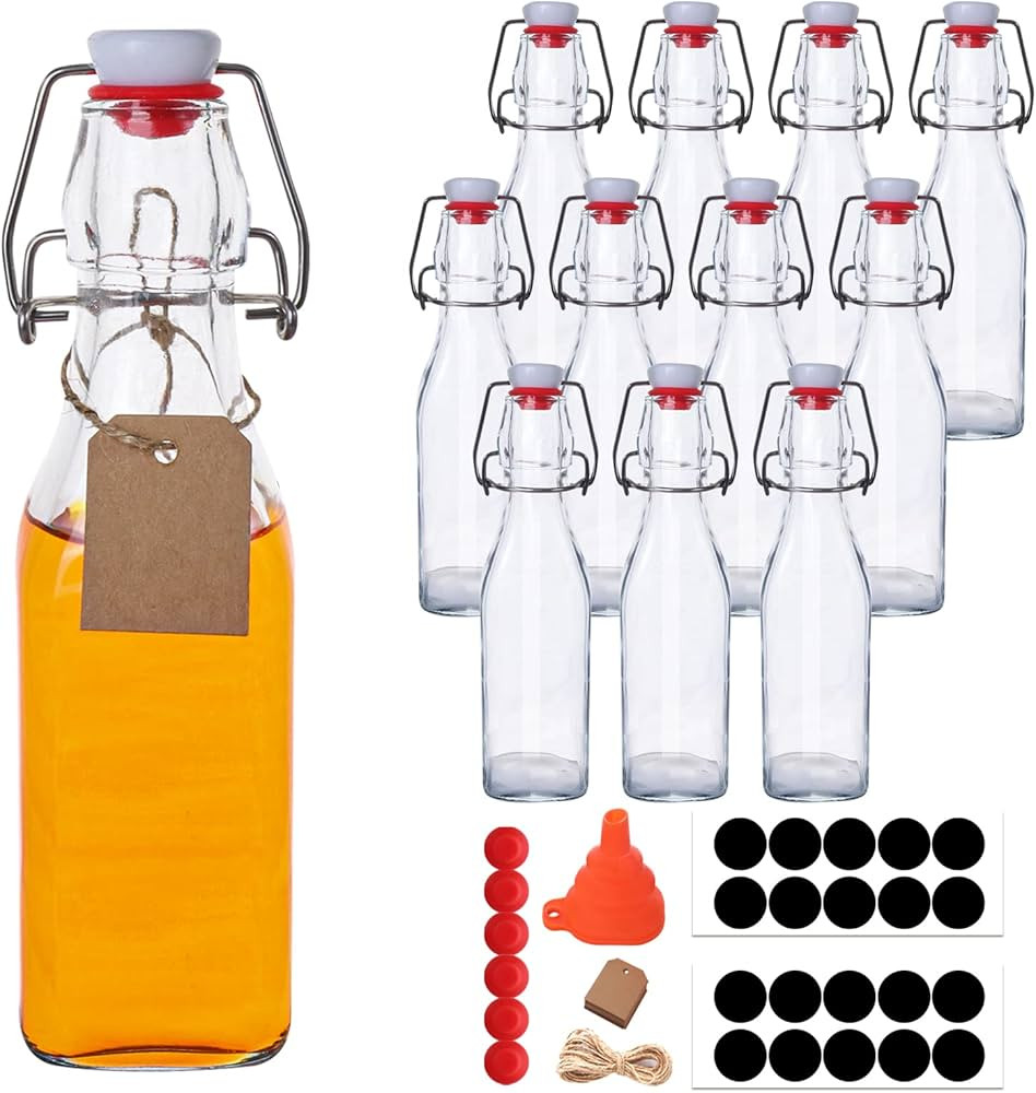 12 Pack 8.5oz Swing Top Glass Bottles, 250ML Square Bottles with Airtight Stoppers for Kombucha, ... | Amazon (US)