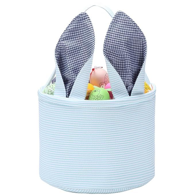 Easter Basket Easter Egg Hunting Basket Easter Bunny Basket Candy Egg Basket Gift Buckets Seersuc... | Amazon (US)