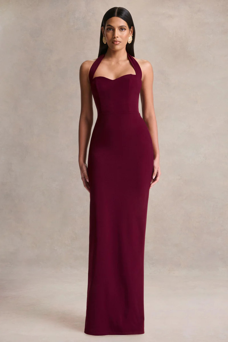 Robyn  Burgundy Sweetheart-Neck Maxi Dress | Club L London