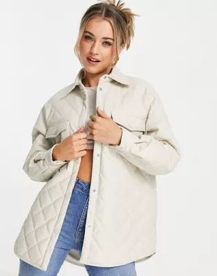 Stradivarius faux leather quilted jacket in ecru | ASOS (Global)