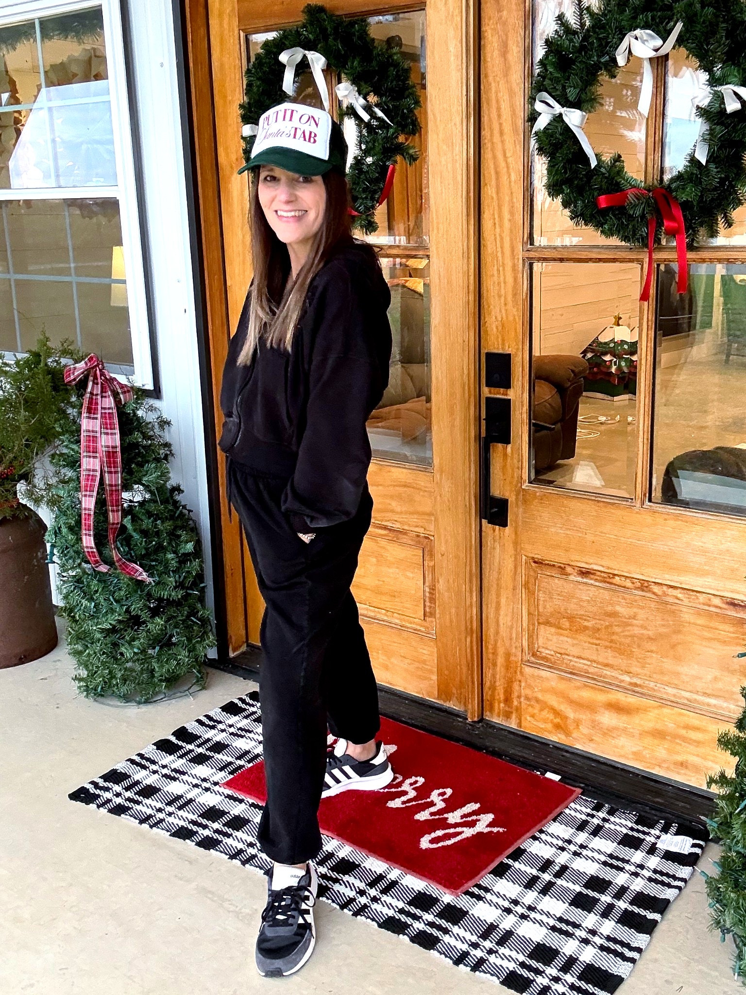 Cozy porch, comfy fit, Christmas mood activated. 🎄🖤 Today’s cozy Christmas porch look—linked the comfiest black set + my go-to sneakers. Perfect for decorating days! 🎄🖤

#LTKHoliday #LTKWinterStyle #LTKSeasonal #LTKHome #LTKFinds #CozyStyle #HolidayHome #BarndominiumLiving #CountryHomeStyle #ChristmasFrontPorch #TodayOnThePorch #ModernFarmhouseStyle #ComfyOutfit #HolidayOOTD

#LTKSeasonal #LTKHoliday #LTKCyberWeek