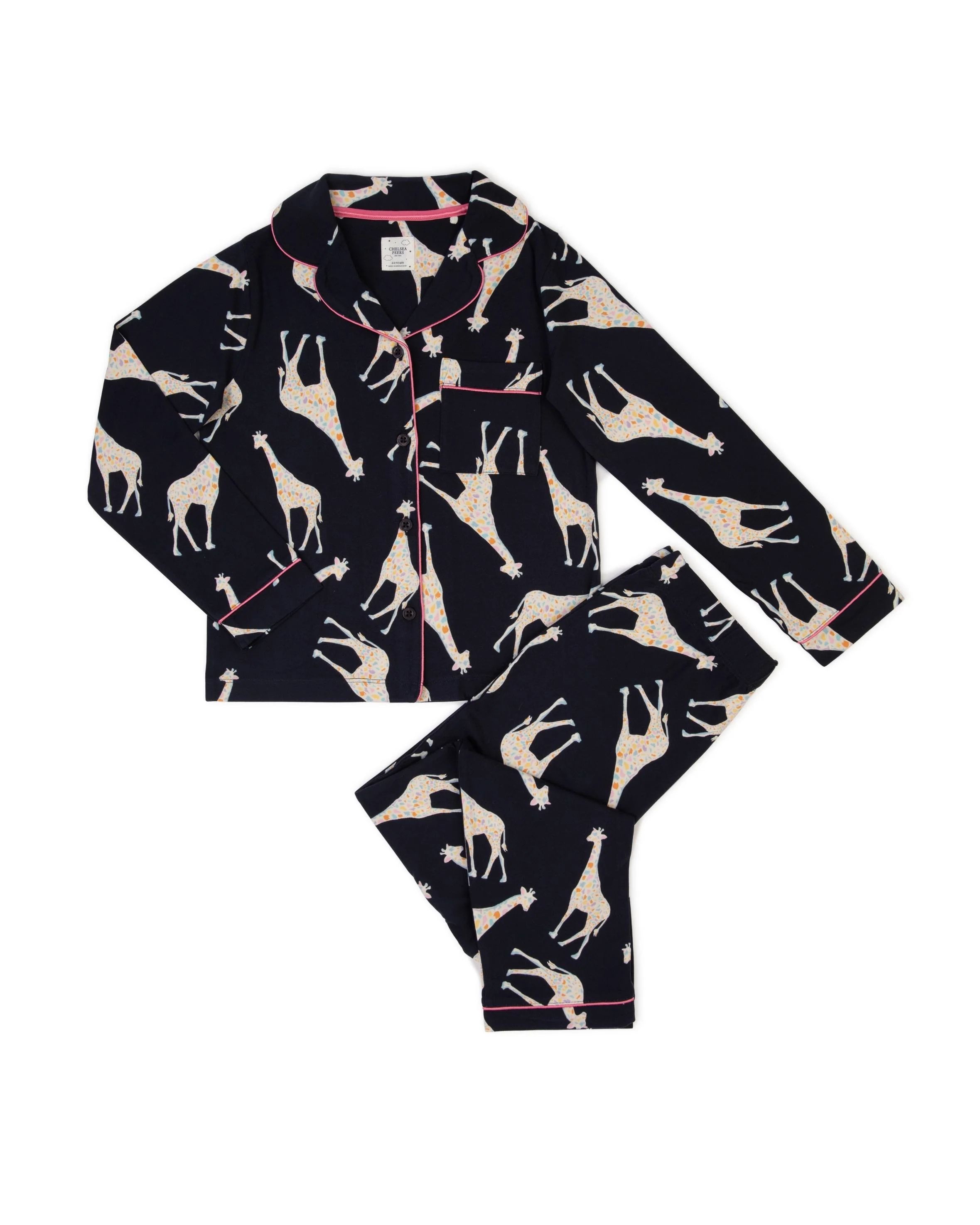 Kids' Navy Giraffe Button Up Long Pyjama Set | Chelsea Peers NYC