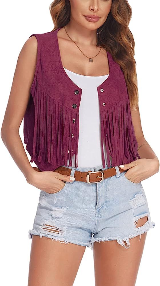 Hotouch Fringe Vest Women Faux Suede Open-Front Vintage Vest Sleeveless 70s Hippie Clothes Boho W... | Amazon (US)